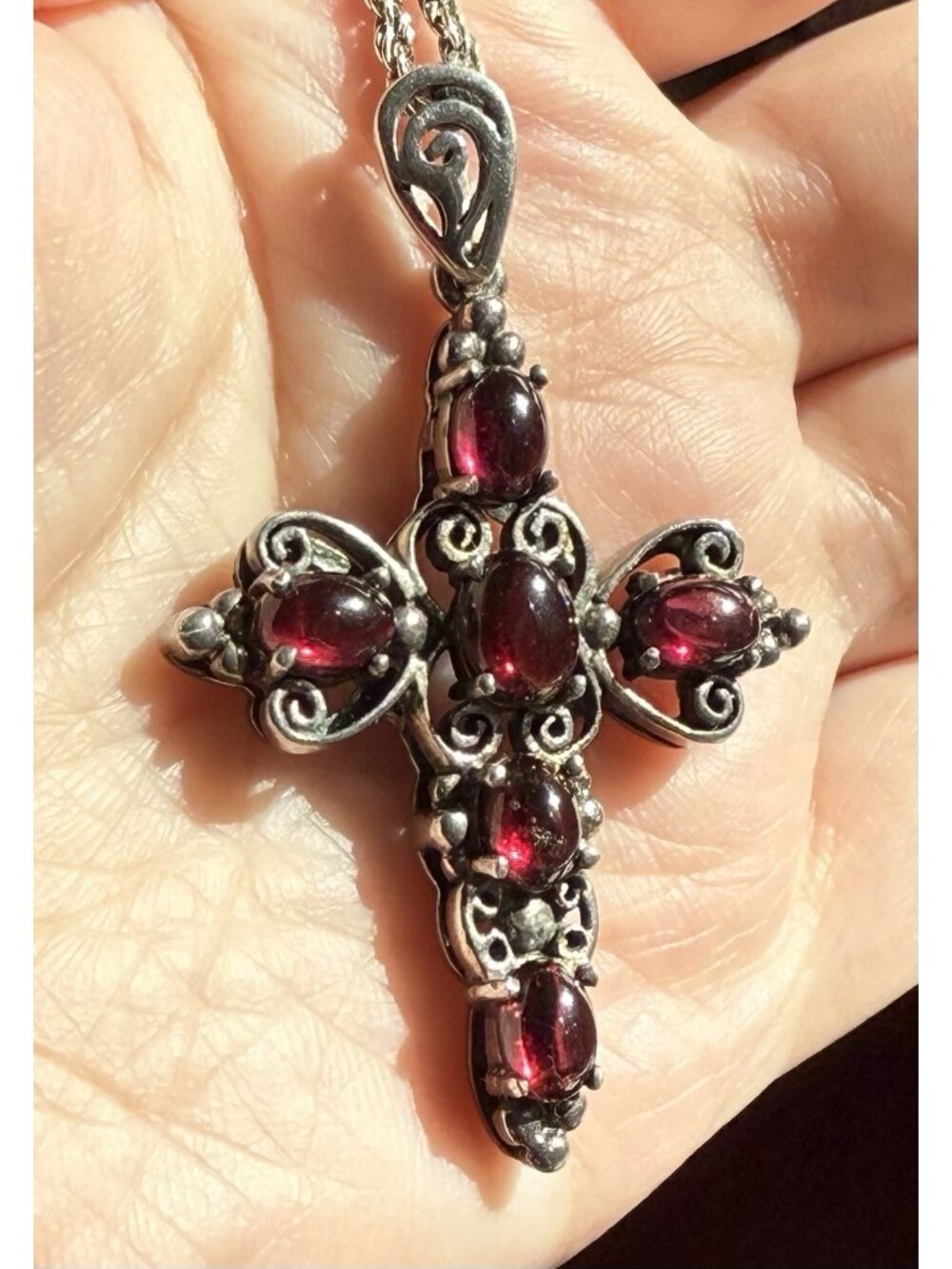 Antique Dutch Cabochon Cut Garnet Silver Cross Necklace 1902 Victorian Edwardian